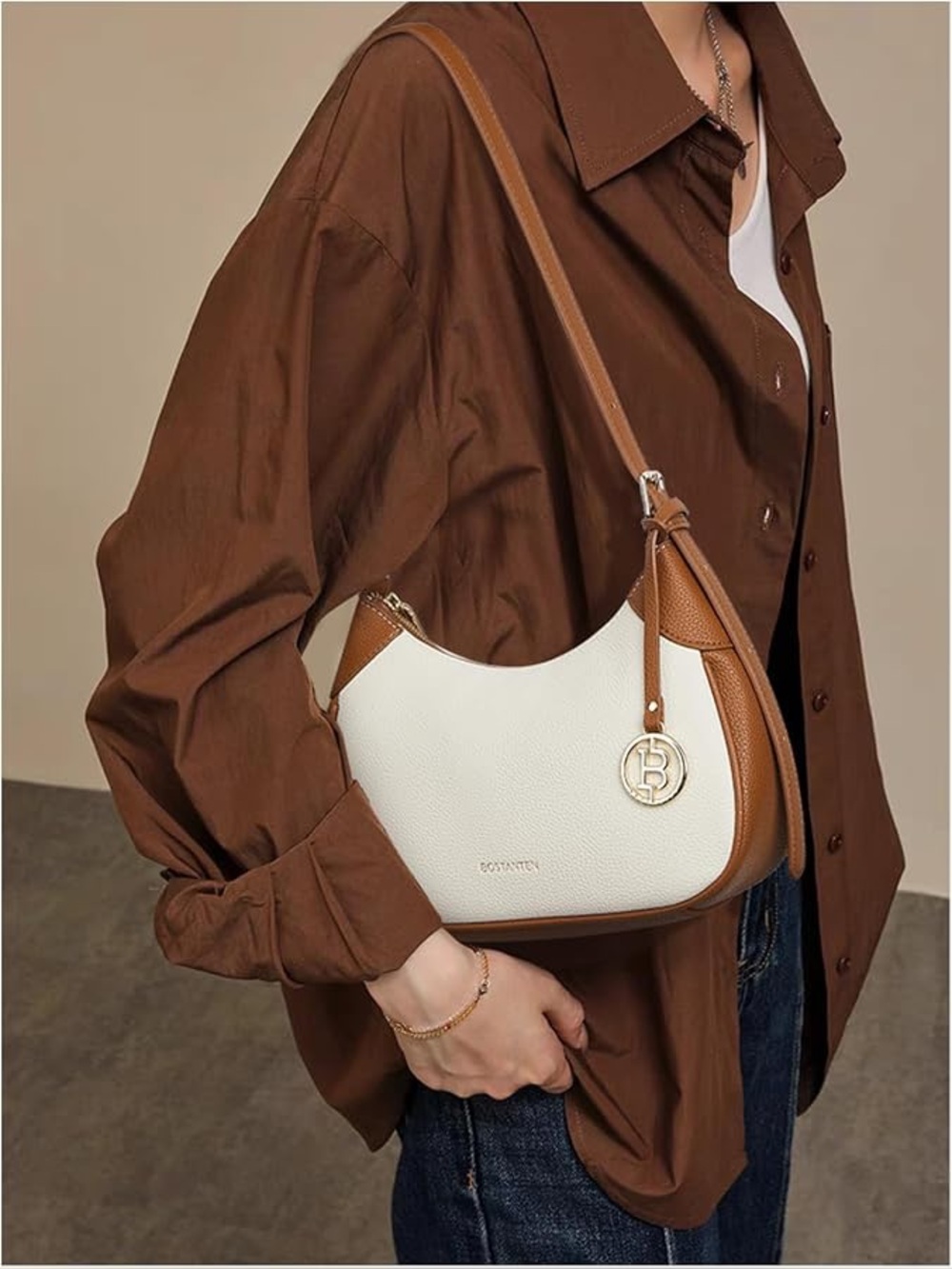 BOSTANTEN small crescent shoulder bag in beige and brown structured hobo vegan